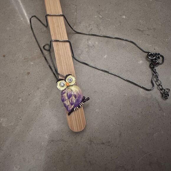 Sterling Silver Hand-Painted Modish Owl with Clear CZ Pendant Necklace - Picture 3 of 6